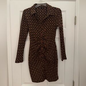 Zara Brown Checkered Long Sleeve Dress